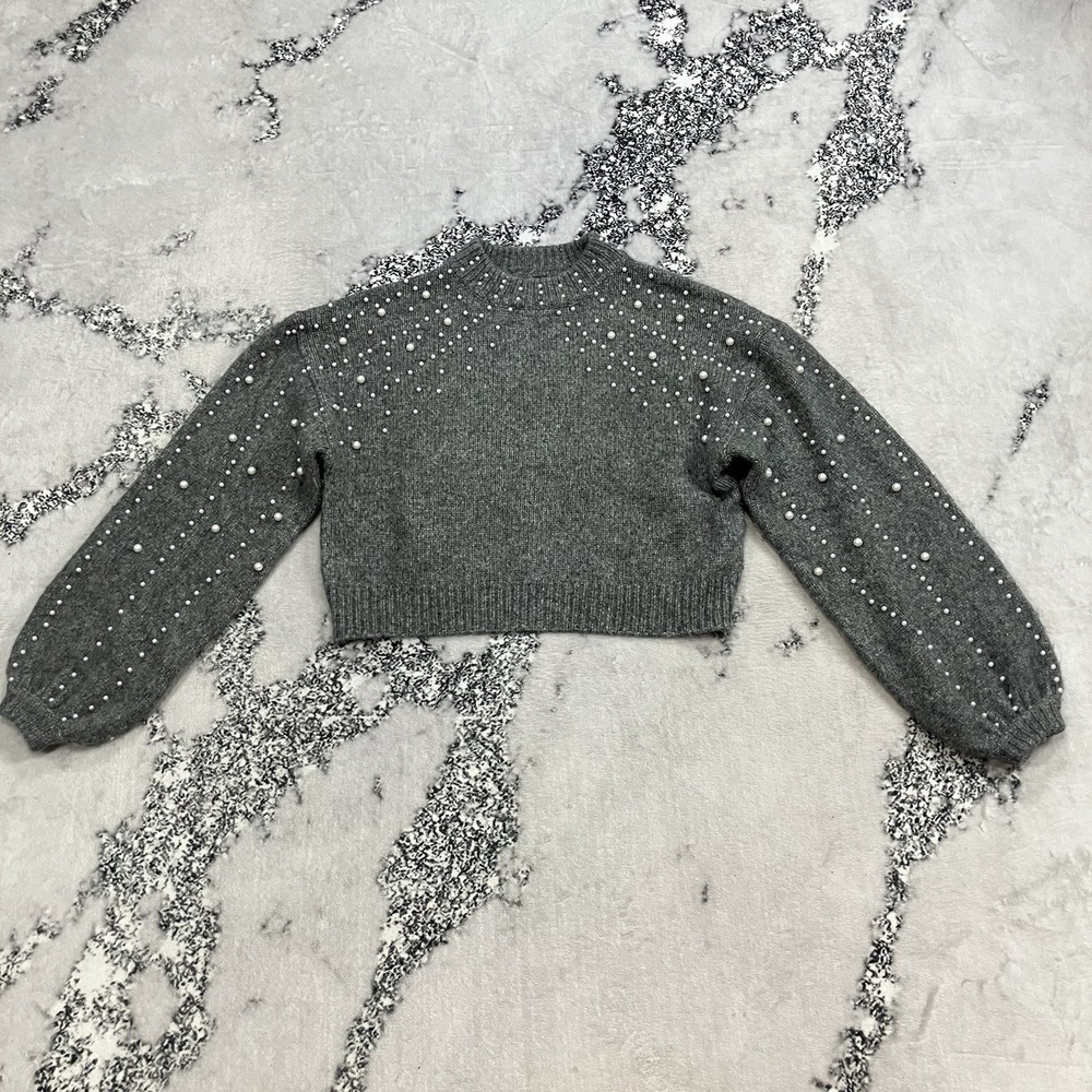 Zara Knit Gray Pearl Embellished Crop Sweater Balloon Sleeve Size Medium